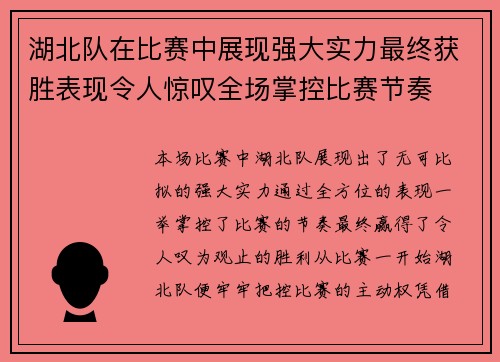 湖北队在比赛中展现强大实力最终获胜表现令人惊叹全场掌控比赛节奏