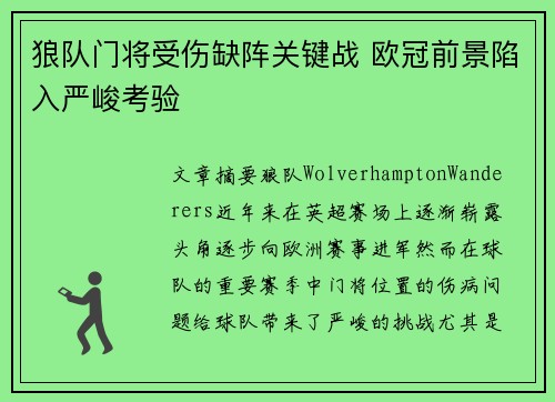 狼队门将受伤缺阵关键战 欧冠前景陷入严峻考验